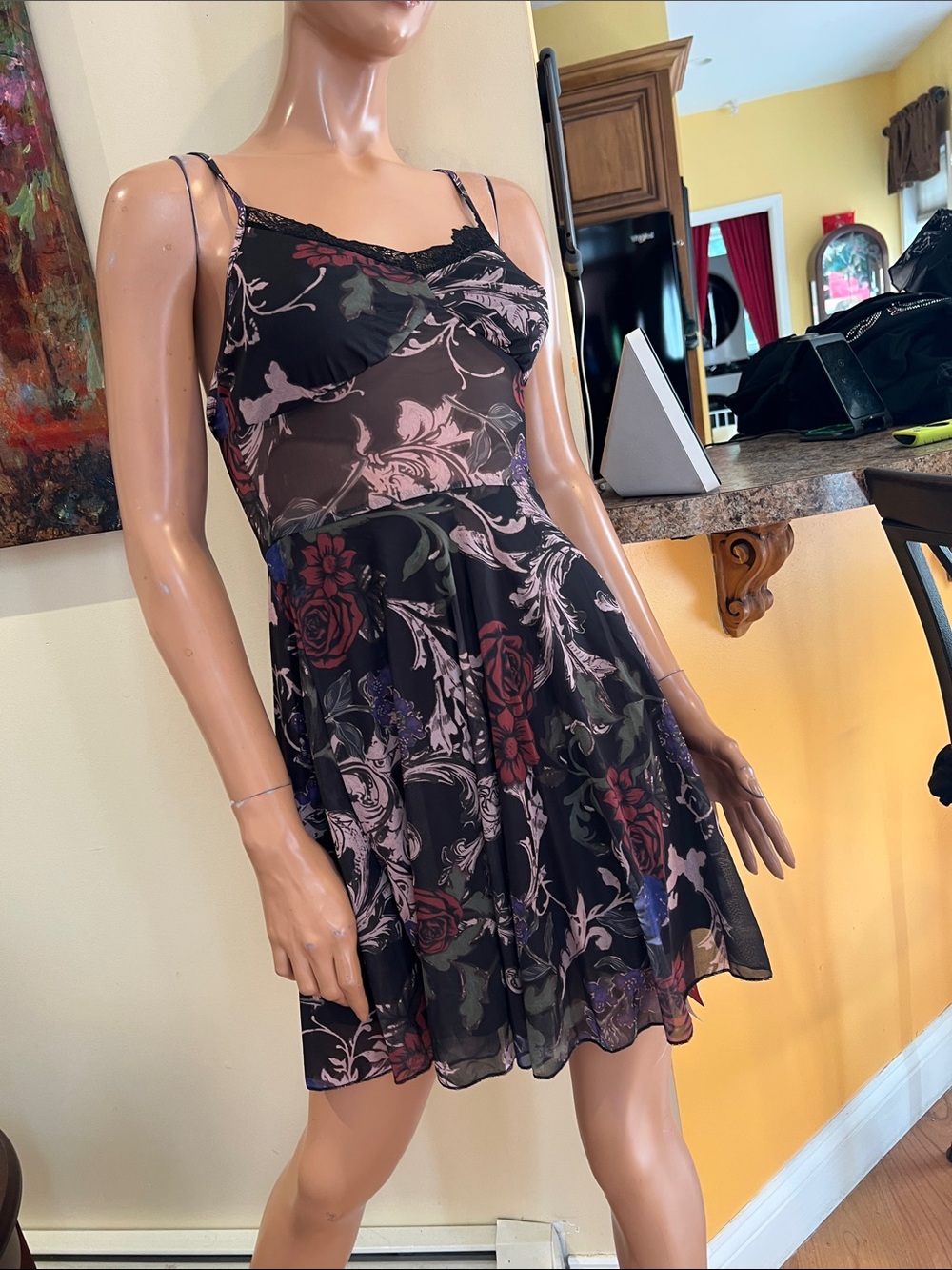 gothic goth S Floral Black Lace-Trim Slip Dress nwt